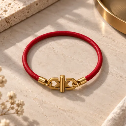 Nos bijoux pour bracelet cuir nappa rouge dorée