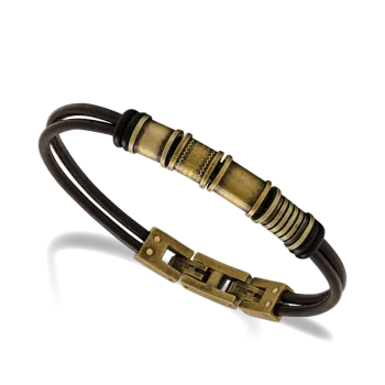 Bracelet Mercury Cuir Marron Perles Jaune Vintage 
