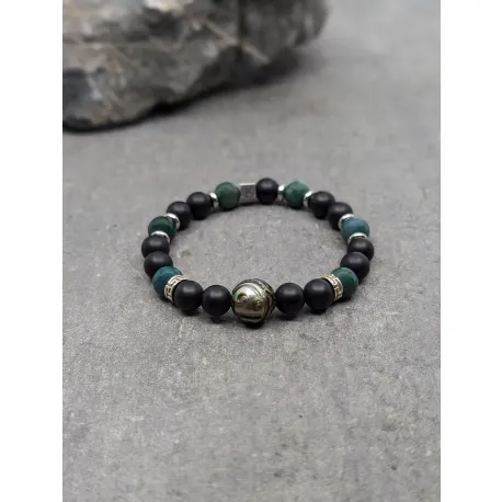 Bracelet en agate mousse, agate noire 8mm et perle de tahiti gravée