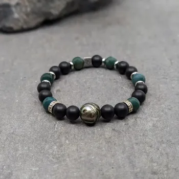 Bracelet en agate mousse, agate noire 8mm et perle de tahiti gravée