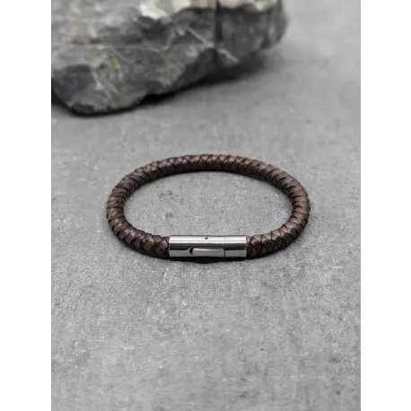 Bracelet cuir marron et fermoir brillant en acier inoxydable taille XL