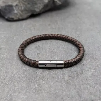 Bracelet cuir marron et fermoir brillant en acier inoxydable taille XL