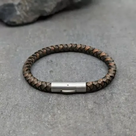 Bracelet cuir rond marron et fermoir brossé, aspect mat, taille M