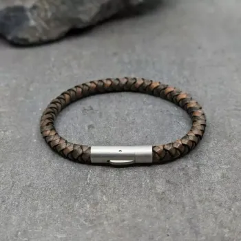 Bracelet cuir rond marron et fermoir brossé, aspect mat, taille M