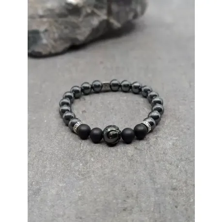 Bracelet en hématite et agate noire 8mm et perle de tahiti gravée