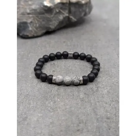 Bracelet en jaspe paysage gris dépoli et agate noire dépolie 8mm