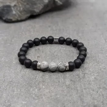 Bracelet en jaspe paysage gris dépoli et agate noire dépolie 8mm