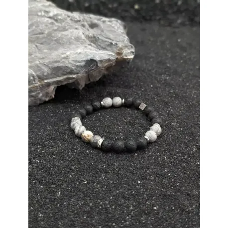 Bracelet en jaspe paysage gris dépoli et pierre de lave 8mm