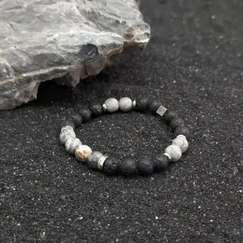 Bracelet en jaspe paysage gris dépoli et pierre de lave 8mm