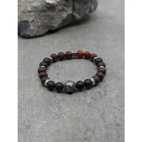 Bracelet en jaspe rouge et agate noire 8mm et perle de tahiti gravée
