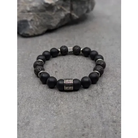 Bracelet en agate noire dépolie et pierre de lave 10 mm