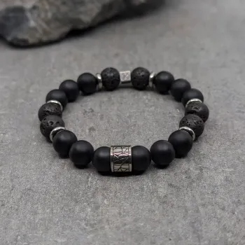 Bracelet en agate noire dépolie et pierre de lave 10 mm