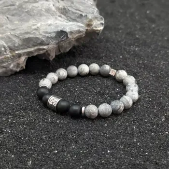Bracelet en jaspe paysage gris dépoli 10 mm