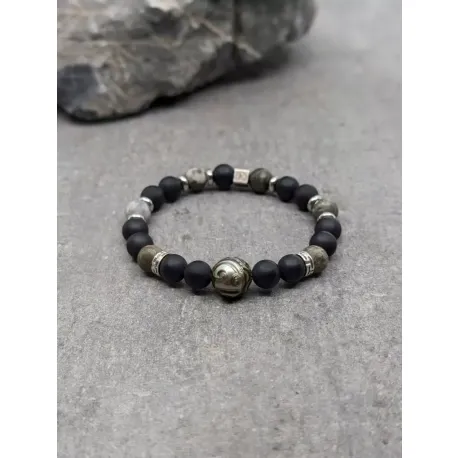 Bracelet en pyrite polie et agate noire 8mm et perle de tahiti gravée