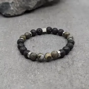 Bracelet en pyrite polie et pierre de lave 8mm