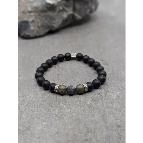 Bracelet en pyrite polie et agate noire dépolie 8mm