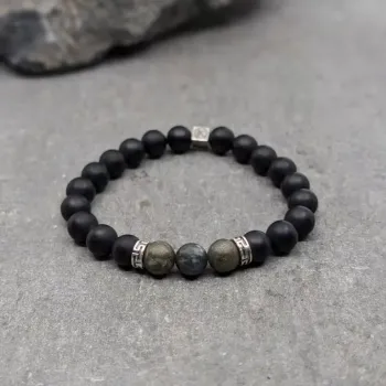 Bracelet en pyrite polie et agate noire dépolie 8mm