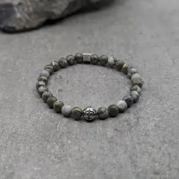 Bracelet en pyrite polie 6mm et motif en acier inoxydable