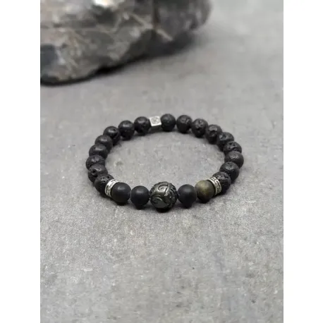 Bracelet obsidienne dorée, pierre de lave et perle de tahiti gravée