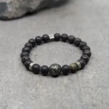 Bracelet obsidienne dorée, pierre de lave et perle de tahiti gravée