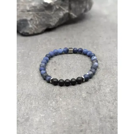Bracelet en sodalite dépolie et agate noire dépolie 6mm