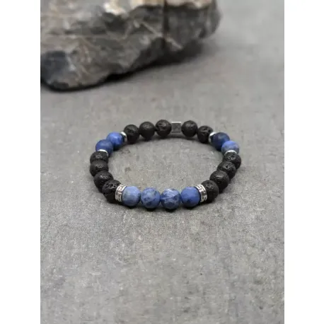 Bracelet en sodalite dépolie 6mm et motif acier inoxydable