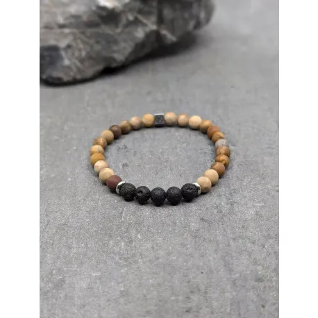 Bracelet en bois fossilisé dépoli et pierre de lave 6mm