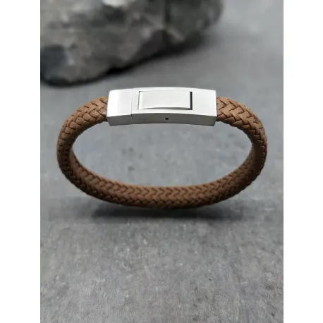 Bracelet cuir plat marron et fermoir brossé , en acier inoxydable, taille L