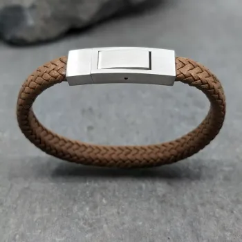 Bracelet cuir plat marron et fermoir brossé , en acier inoxydable, taille L