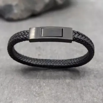 Bracelet cuir plat noir et fermoir noir mat , en acier inoxydable, taille M