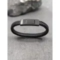 Bracelet cuir plat noir et fermoir noir mat , en acier inoxydable, taille M