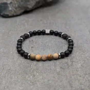 Bracelet en agate noire, pierre de lave et bois fossilisé 6mm