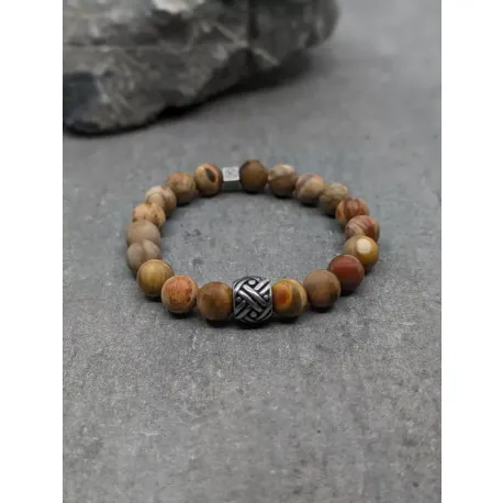 Bracelet en bois fossilisé poli 10 mm et motif tressé