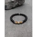 Bracelet en bois fossilisé dépoli et agate noire dépolie 8mm